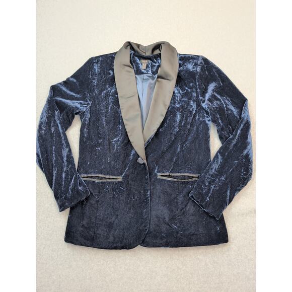 G.I.L.I. Womens Blue Velvet Blazer SZ 6 Black Satin Shawl Lapel Holiday Glam - Picture 14 of 14